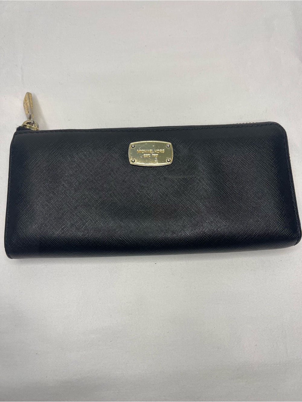 Michael Kors Black Zip-Around Saffiano Leather Wallet with Gold Hardware